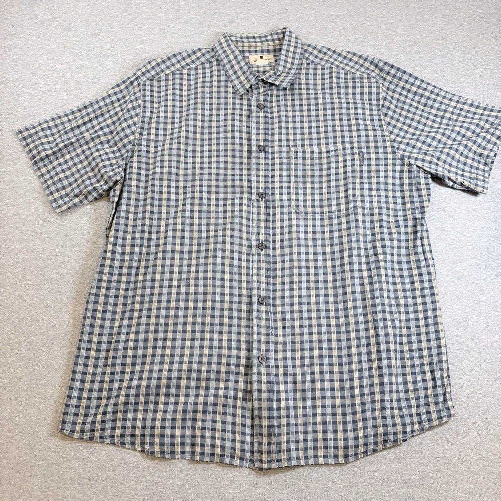 Woolrich Short Sleeve Button Up Blue Check Mens XL Comfy BBQ Camping Work Casual